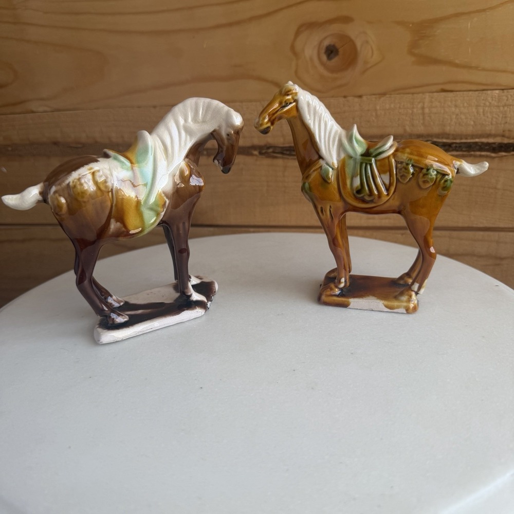 Chinese Tang Tri-Color Drip Glazed Ceramics War Horse Porcelain Statue Set Of 2